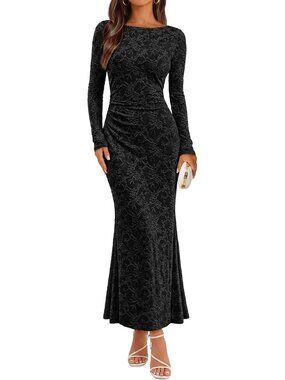 Women's Black Long Sleeve Bodycon Fall Wedding Guest Formal Floral Maxi Dresses
